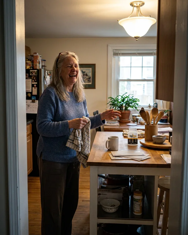 Eleanor, 68, telling a long story while slicing bread in her kitchen, her CogniHoney bottle on the counter