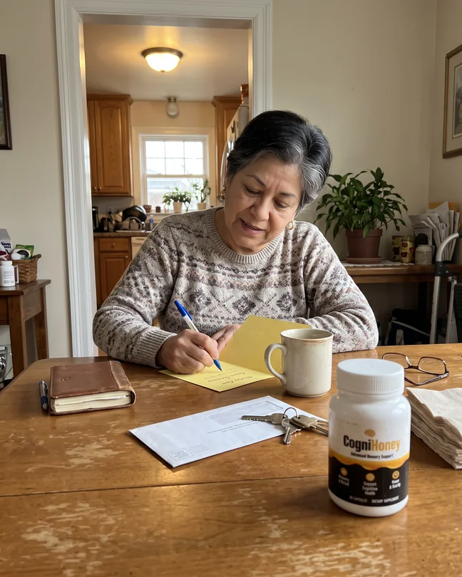 Joan, 64, writing a birthday card from memory at the dining table, her CogniHoney bottle beside her